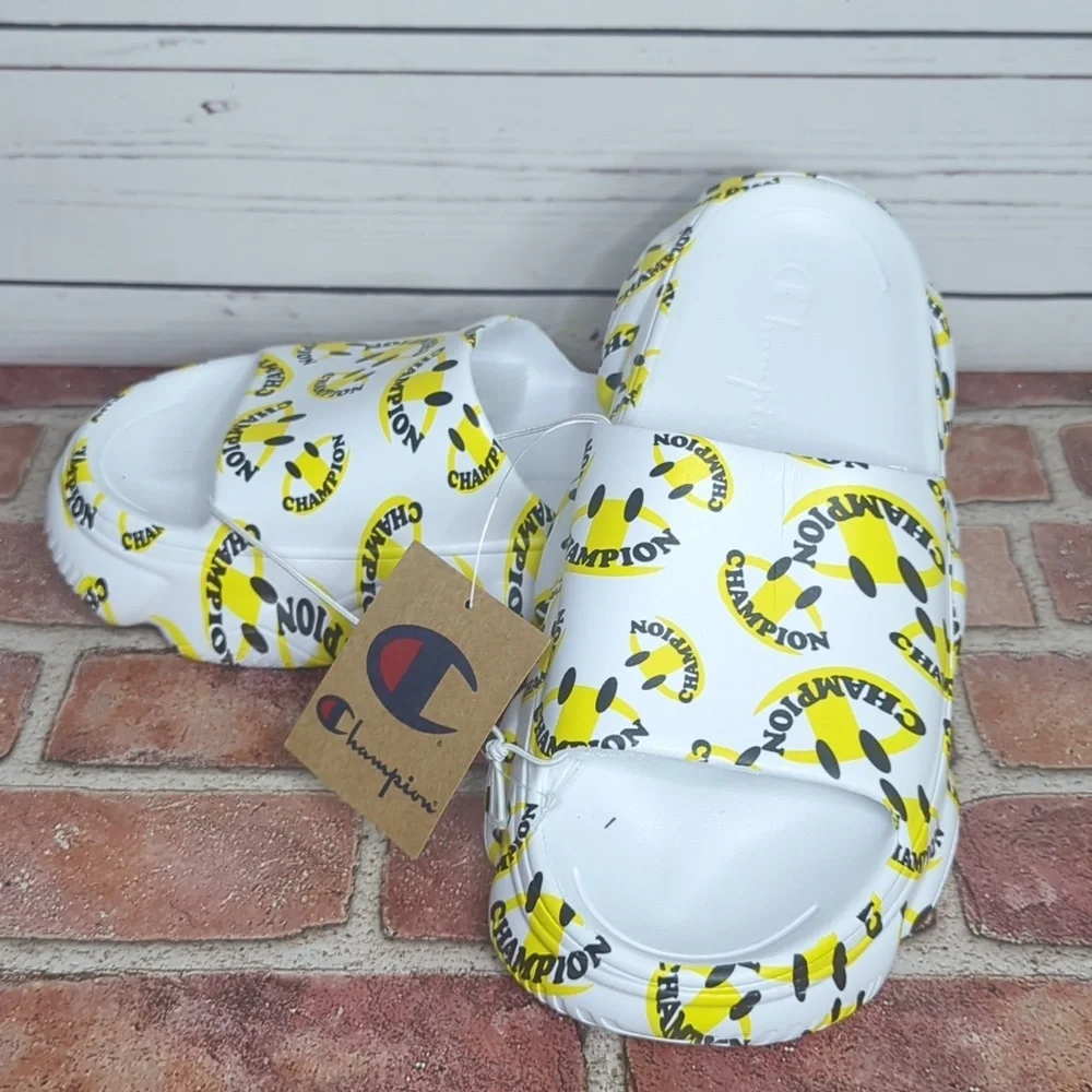 Champion Men's Meloso Squish Smile‎ White and Yellow Slide Slip On Sandals